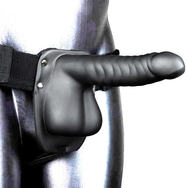 Ouch! Ribbed 8 Inch Hollow Ballsy Strap-On in Gunmetal